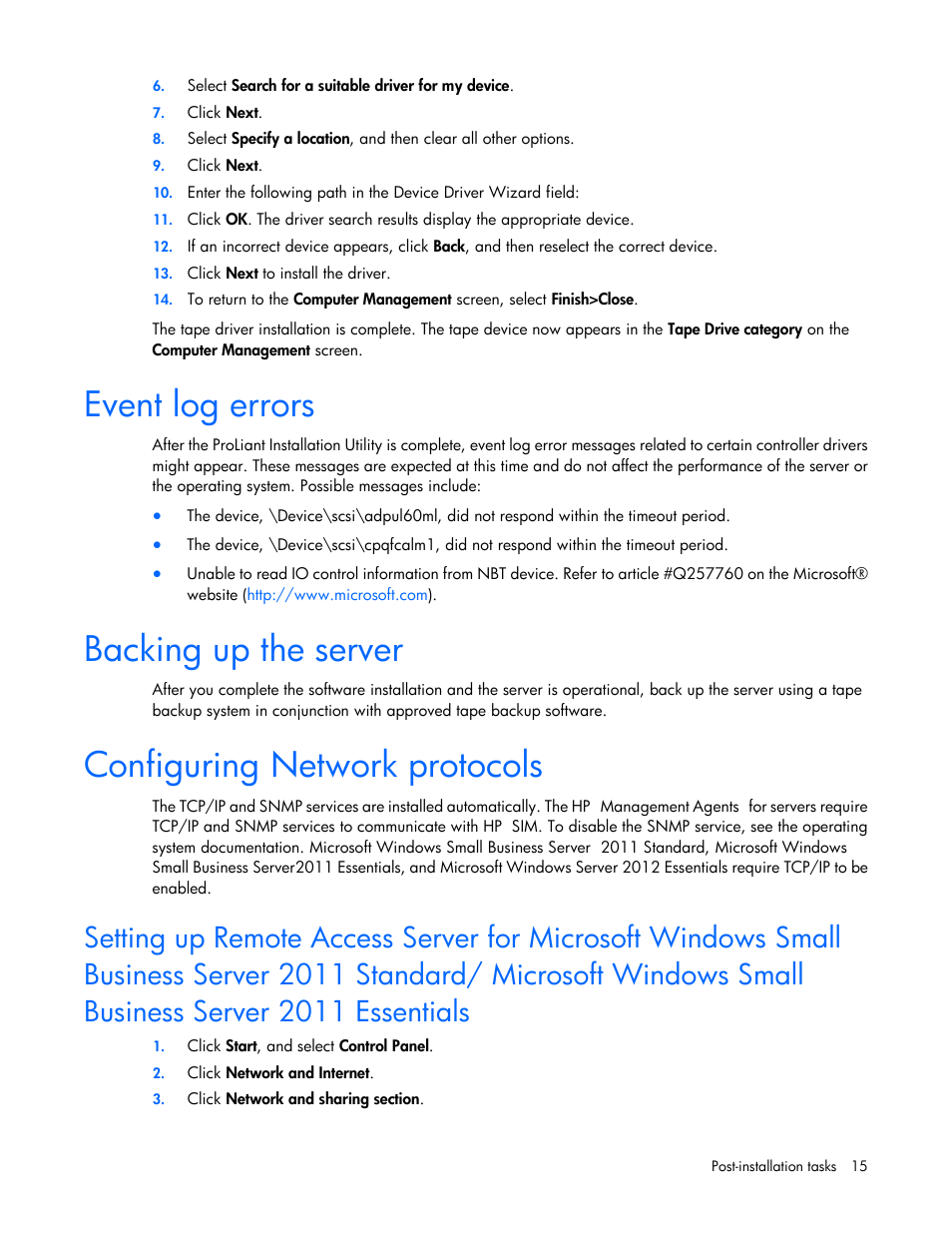 Event log errors, Backing up the server, Configuring network protocols | HP ProLiant DL360 G4 Server User Manual | Page 15 / 27