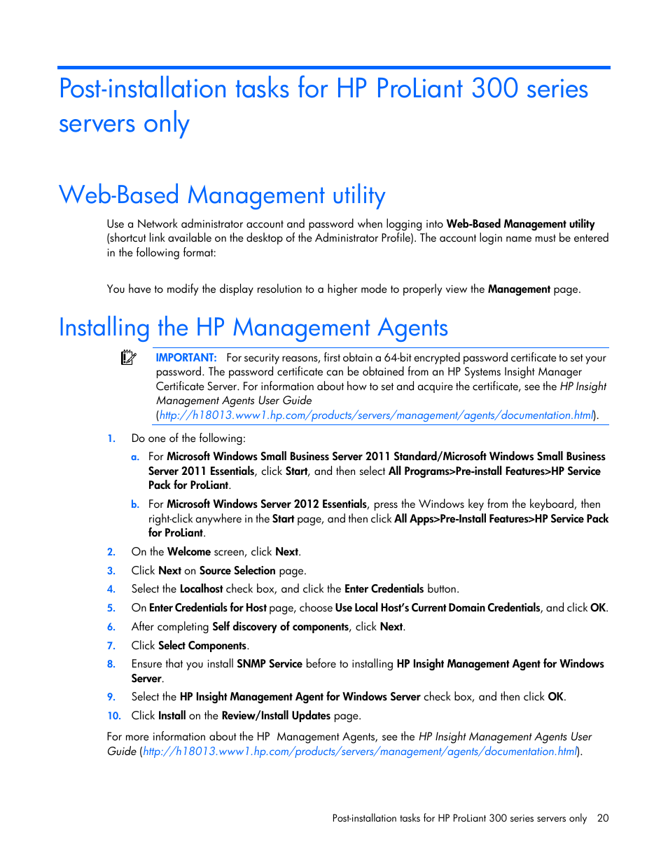Web-based management utility, Installing the hp management agents | HP ProLiant DL360 G4 Server User Manual | Page 20 / 27