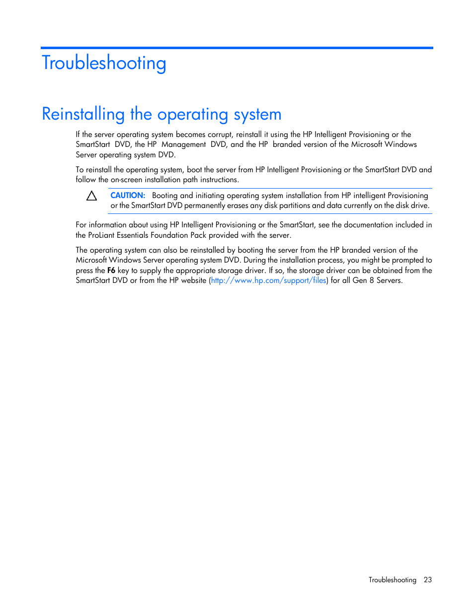 Troubleshooting, Reinstalling the operating system | HP ProLiant DL360 G4 Server User Manual | Page 23 / 27