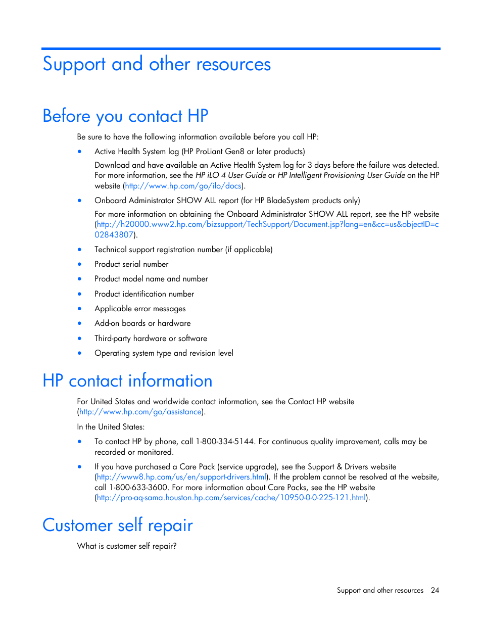 Support and other resources, Before you contact hp, Hp contact information | Customer self repair | HP ProLiant DL360 G4 Server User Manual | Page 24 / 27