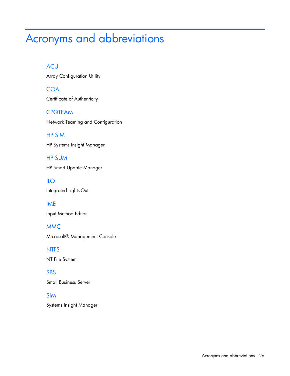 Acronyms and abbreviations, Cpqteam, Hp sim | Hp sum, Ntfs | HP ProLiant DL360 G4 Server User Manual | Page 26 / 27
