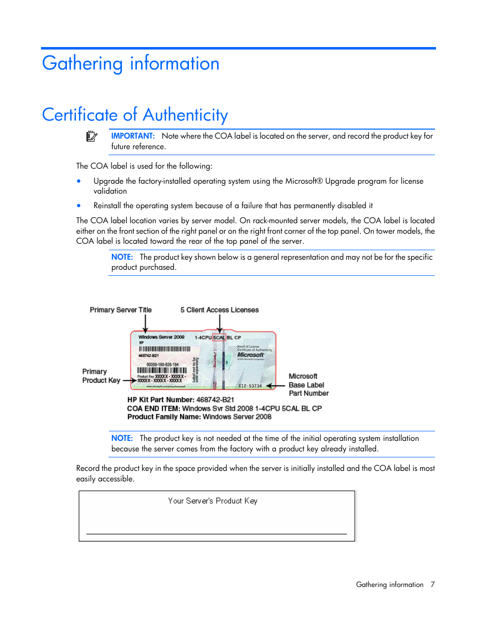 Gathering information, Certificate of authenticity | HP ProLiant DL360 G4 Server User Manual | Page 7 / 27