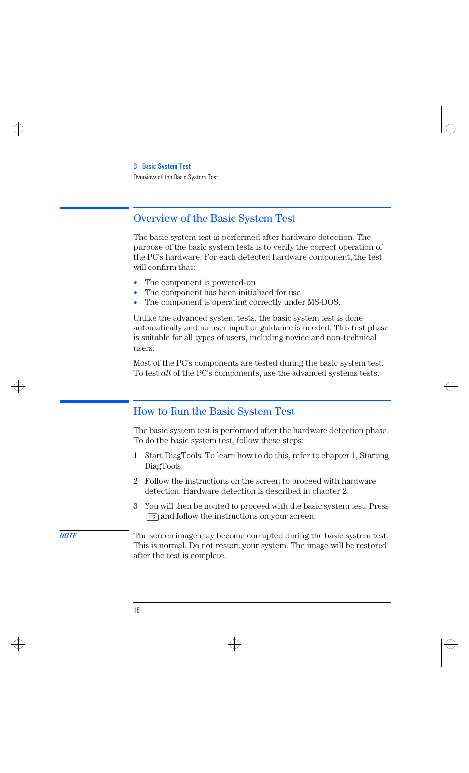 Overview of the basic system test, How to run the basic system test | HP Vectra VL 6xxx series 8 User Manual | Page 30 / 96