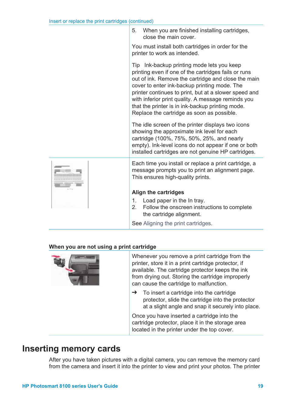 Inserting memory cards | HP Photosmart 8150xi Photo Printer User Manual | Page 22 / 78