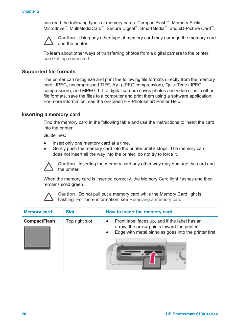 Supported file formats, Inserting a memory card | HP Photosmart 8150xi Photo Printer User Manual | Page 23 / 78