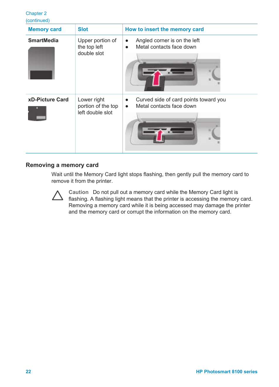 Removing a memory card | HP Photosmart 8150xi Photo Printer User Manual | Page 25 / 78