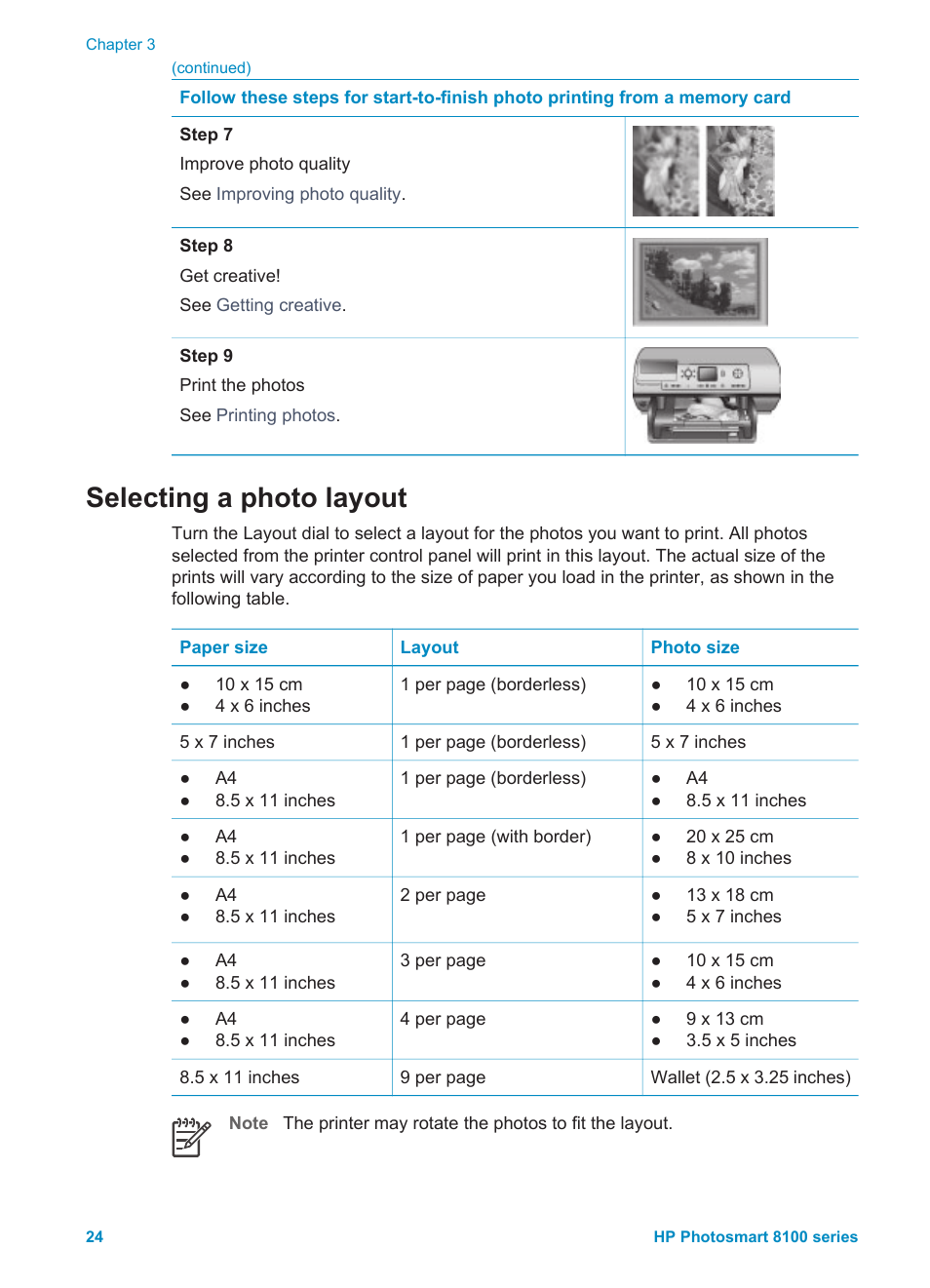 Selecting a photo layout | HP Photosmart 8150xi Photo Printer User Manual | Page 27 / 78