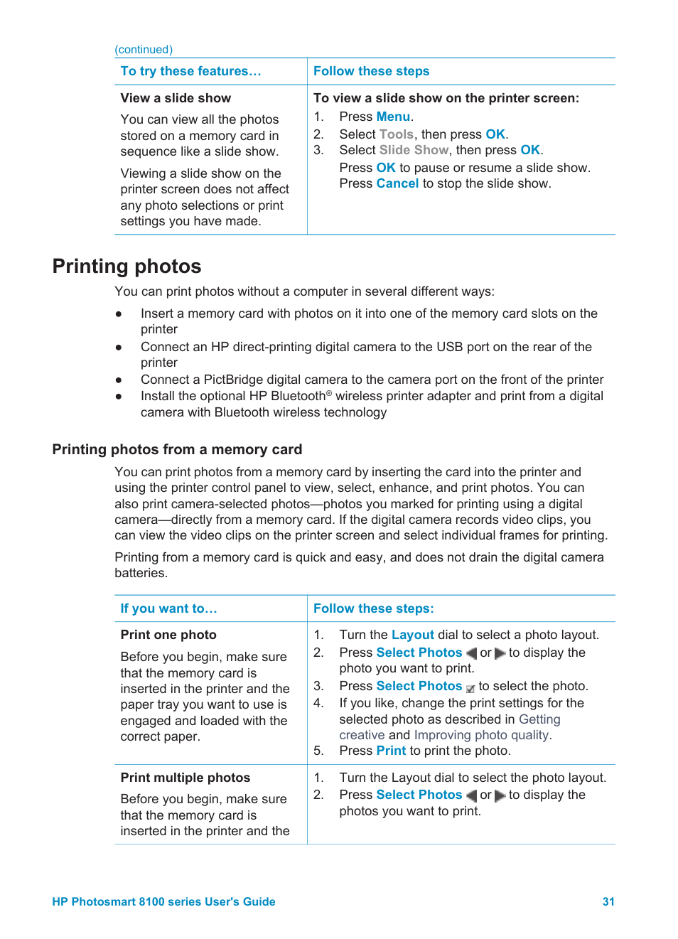 Printing photos, Printing photos from a memory card | HP Photosmart 8150xi Photo Printer User Manual | Page 34 / 78