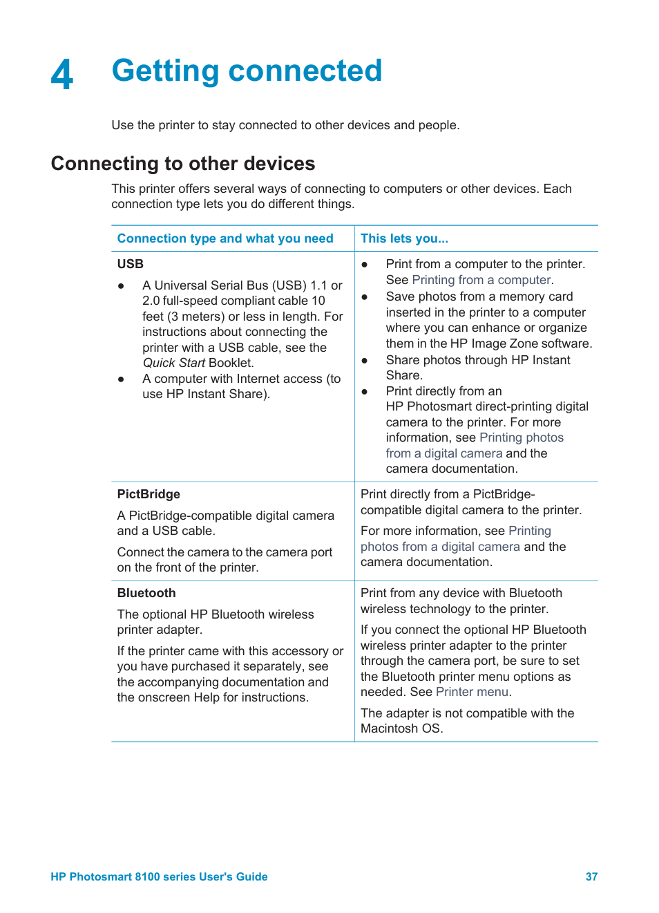 Getting connected, Connecting to other devices | HP Photosmart 8150xi Photo Printer User Manual | Page 40 / 78