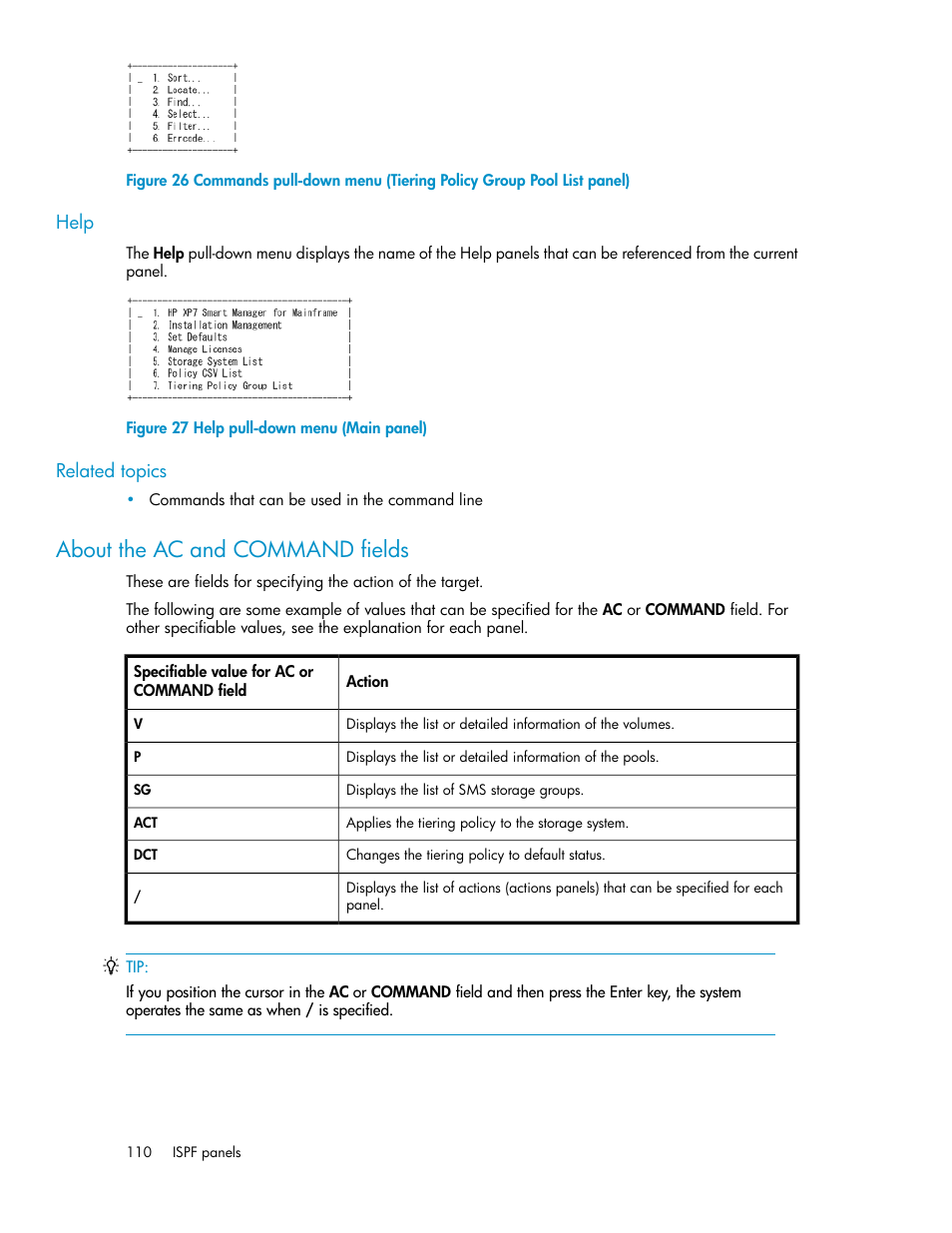 About the ac and command fields, Help pull-down menu (main panel) | HP XP Command View Advanced Edition Software User Manual | Page 110 / 310