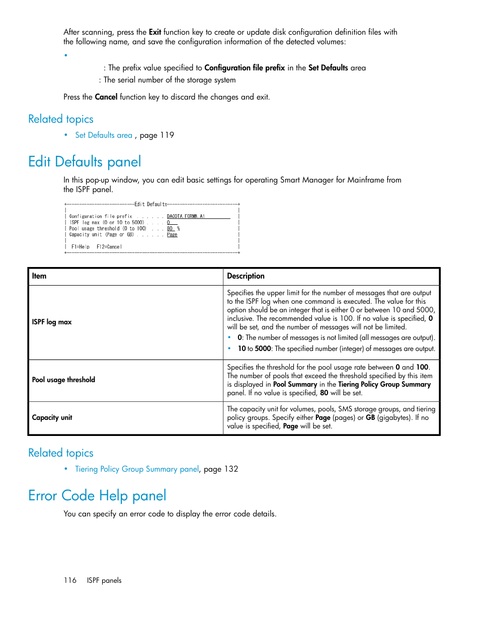 Edit defaults panel, Error code help panel, 116 error code help panel | Related topics | HP XP Command View Advanced Edition Software User Manual | Page 116 / 310