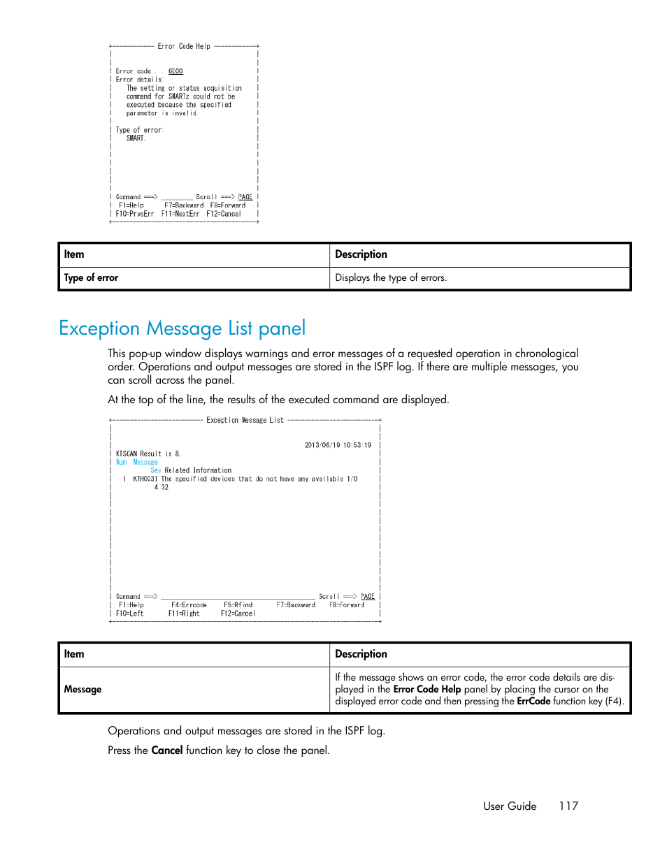 Exception message list panel | HP XP Command View Advanced Edition Software User Manual | Page 117 / 310