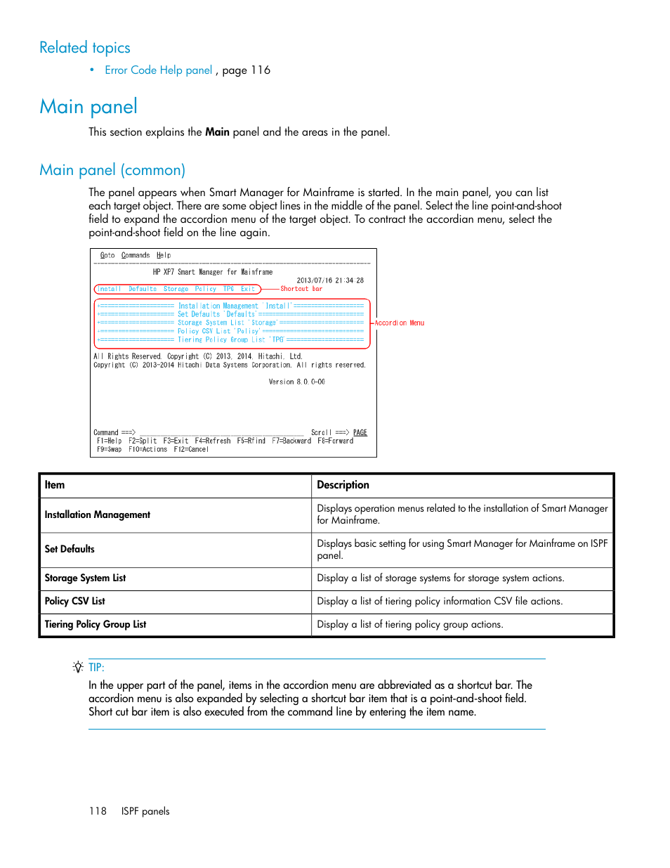 Main panel, Main panel (common), Related topics | HP XP Command View Advanced Edition Software User Manual | Page 118 / 310