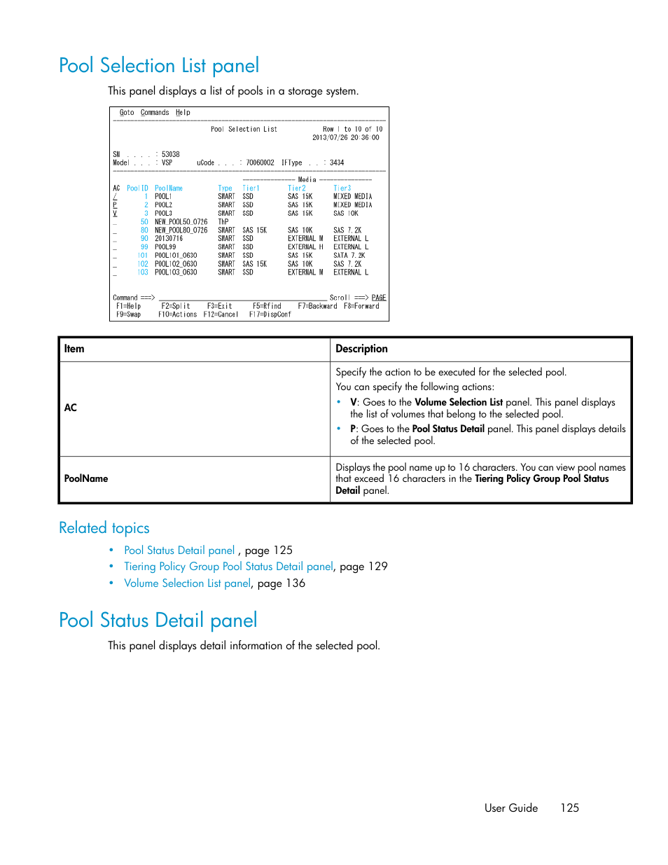 Pool selection list panel, Pool status detail panel, 125 pool status detail panel | Related topics | HP XP Command View Advanced Edition Software User Manual | Page 125 / 310