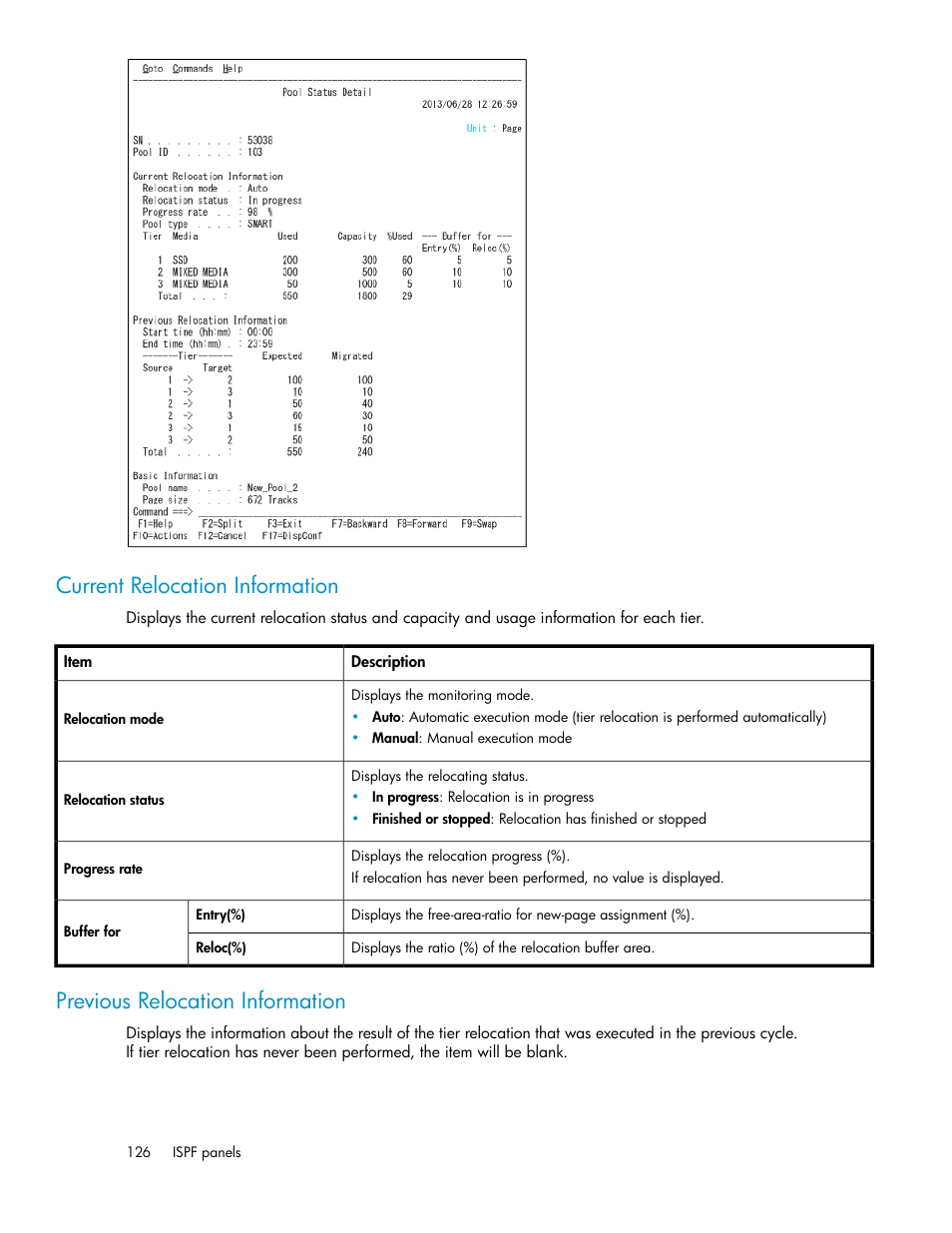 Current relocation information, Previous relocation information | HP XP Command View Advanced Edition Software User Manual | Page 126 / 310