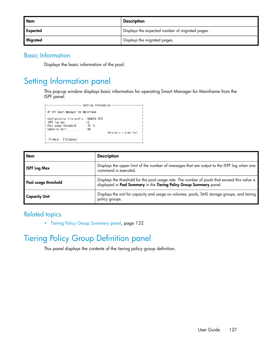 Setting information panel, Tiering policy group definition panel, 127 tiering policy group definition panel | Basic information, Related topics | HP XP Command View Advanced Edition Software User Manual | Page 127 / 310