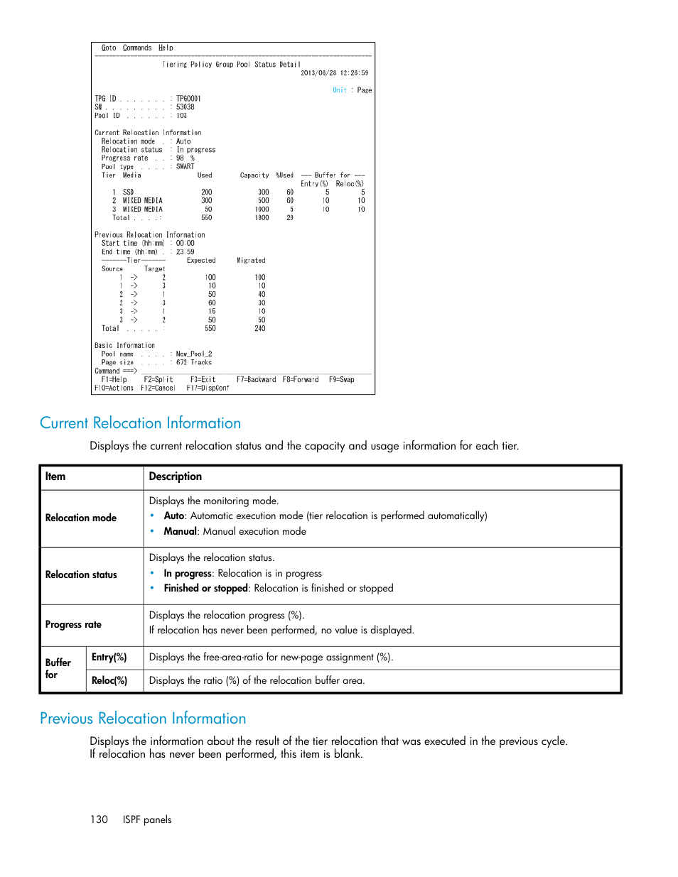 Current relocation information, Previous relocation information | HP XP Command View Advanced Edition Software User Manual | Page 130 / 310