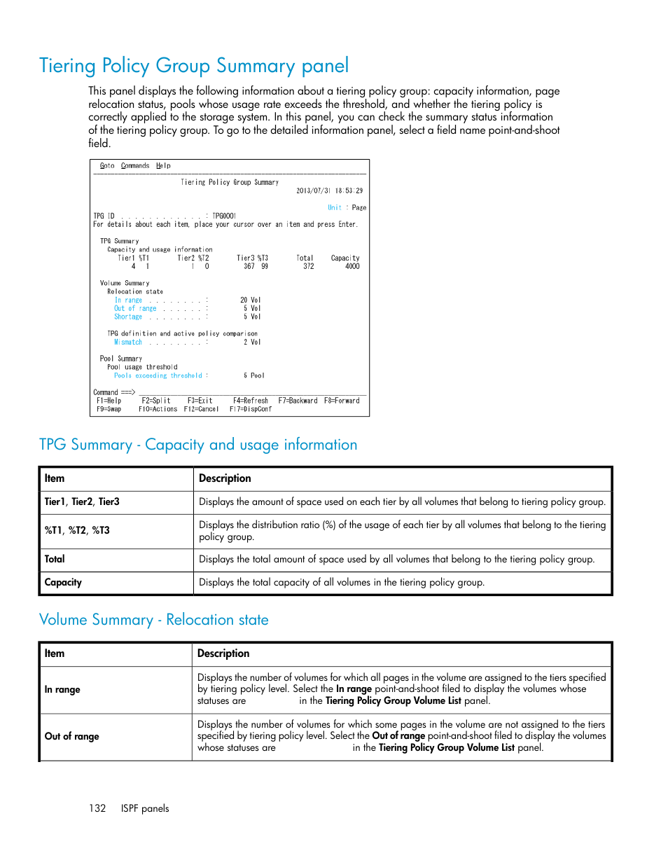 Tiering policy group summary panel, Tpg summary - capacity and usage information, Volume summary - relocation state | HP XP Command View Advanced Edition Software User Manual | Page 132 / 310