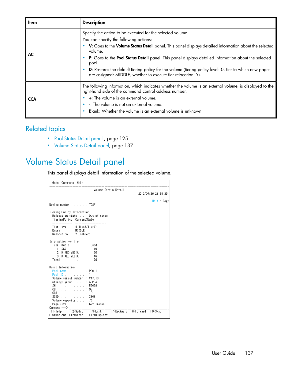 Volume status detail panel, Related topics | HP XP Command View Advanced Edition Software User Manual | Page 137 / 310