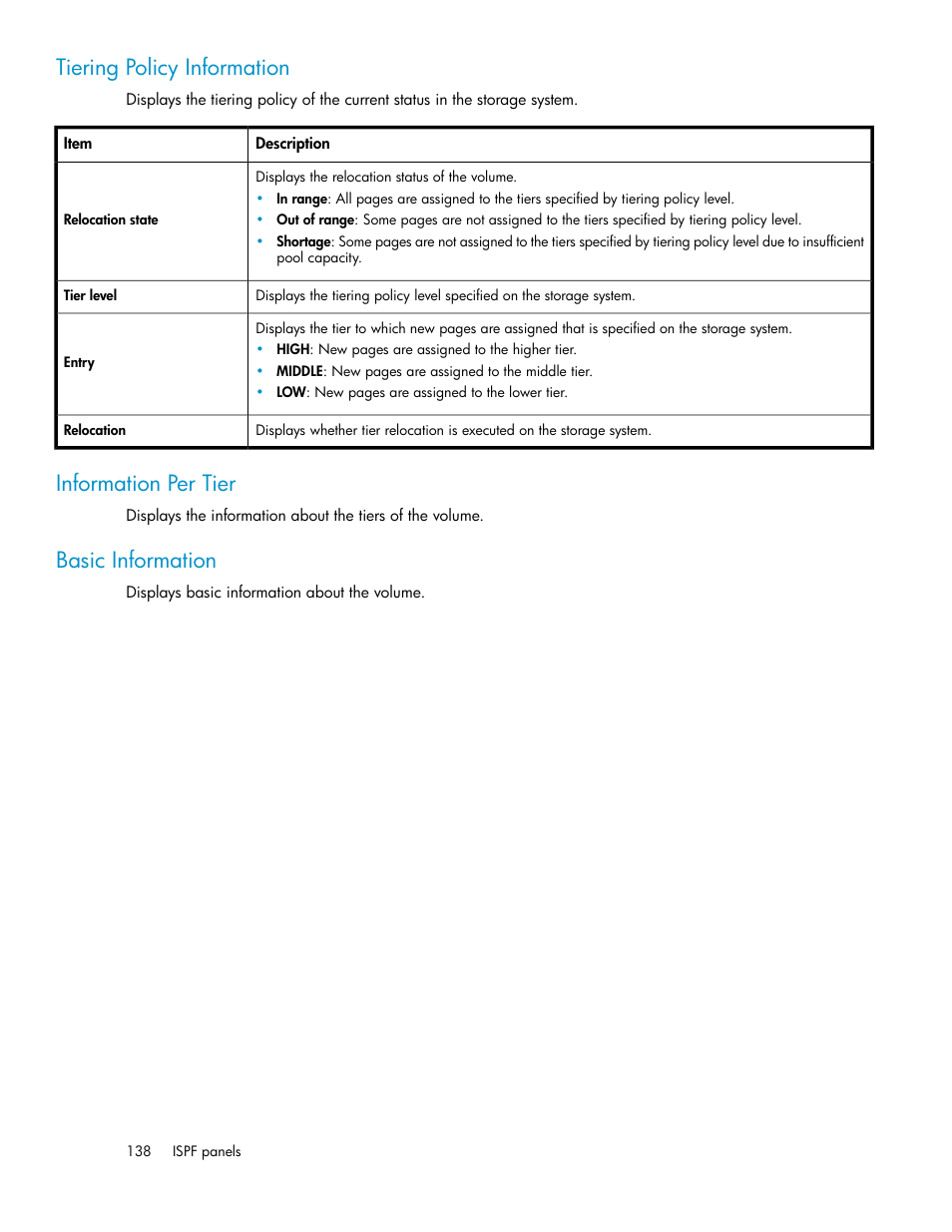 Tiering policy information, Information per tier, Basic information | HP XP Command View Advanced Edition Software User Manual | Page 138 / 310