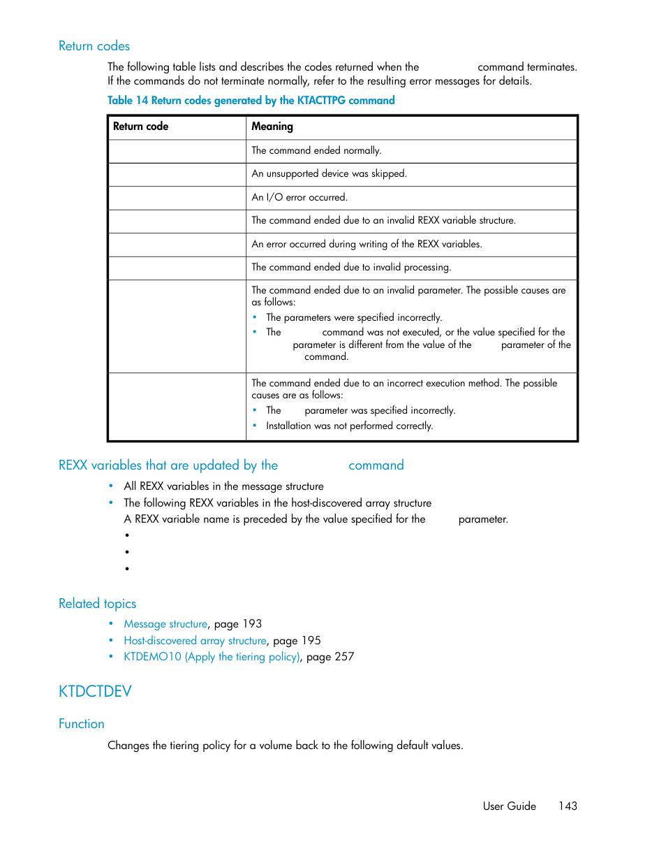 Ktdctdev, Return codes generated by the ktacttpg command | HP XP Command View Advanced Edition Software User Manual | Page 143 / 310