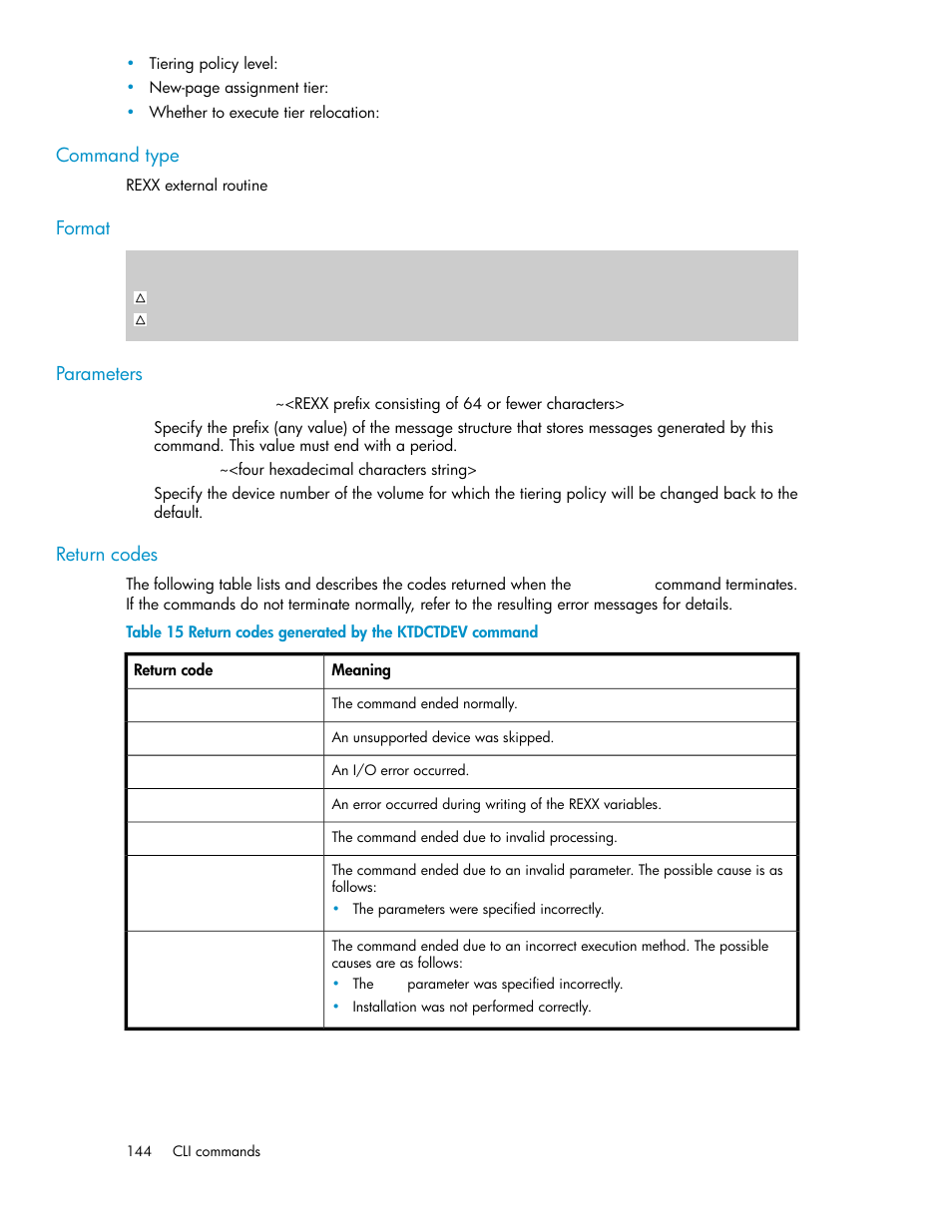 Return codes generated by the ktdctdev command | HP XP Command View Advanced Edition Software User Manual | Page 144 / 310