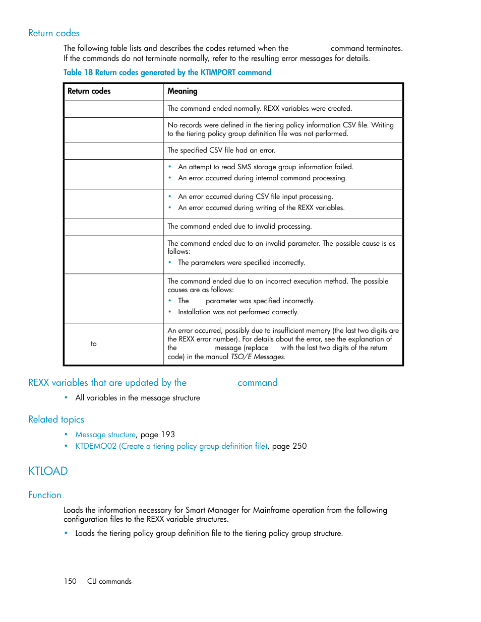 Ktload, Return codes generated by the ktimport command | HP XP Command View Advanced Edition Software User Manual | Page 150 / 310