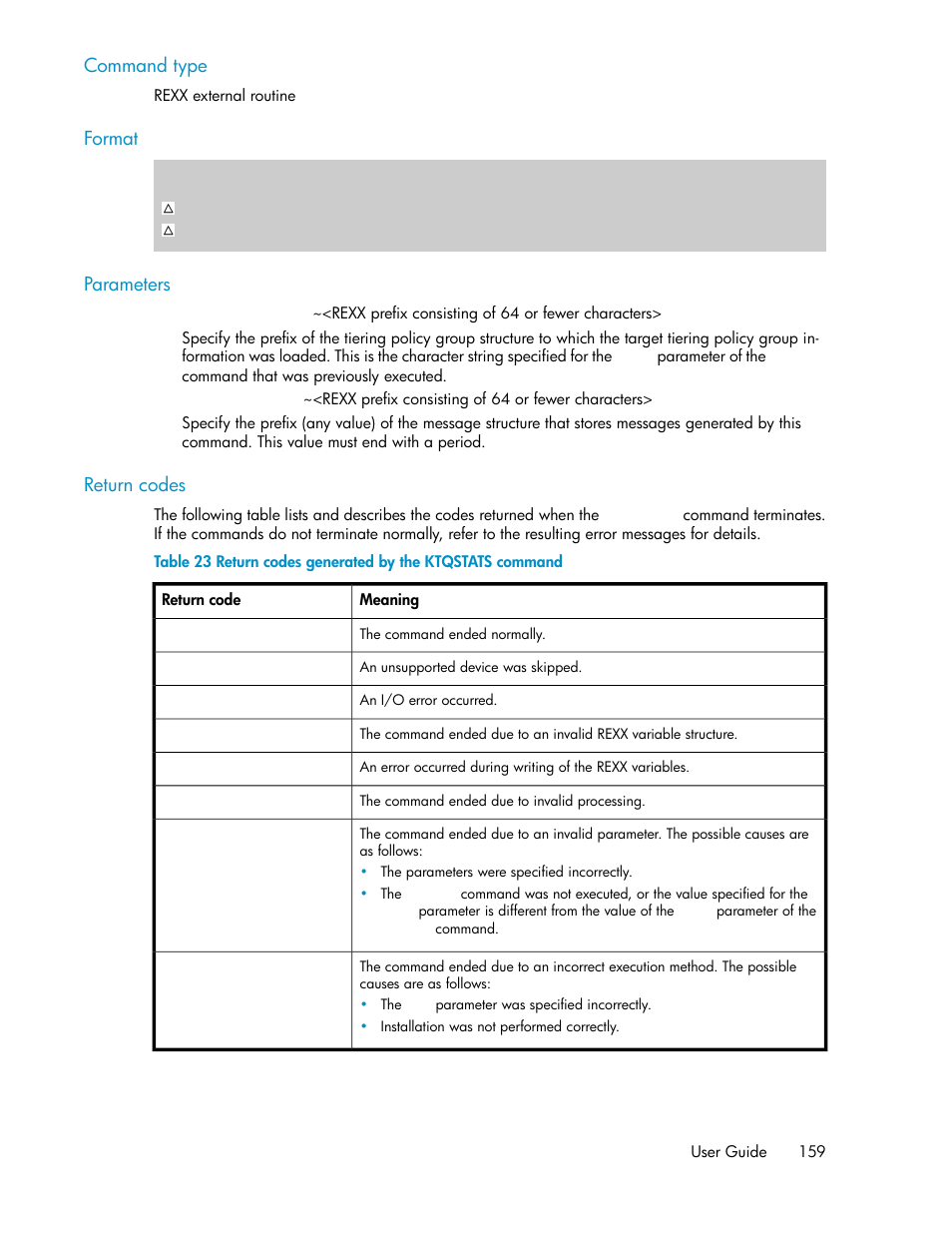 Return codes generated by the ktqstats command, Command type, Format | Parameters, Return codes | HP XP Command View Advanced Edition Software User Manual | Page 159 / 310