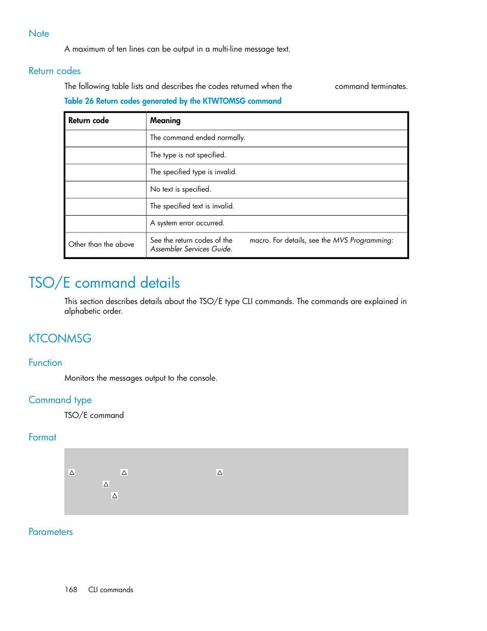 Tso/e command details, Ktconmsg, Return codes generated by the ktwtomsg command | HP XP Command View Advanced Edition Software User Manual | Page 168 / 310