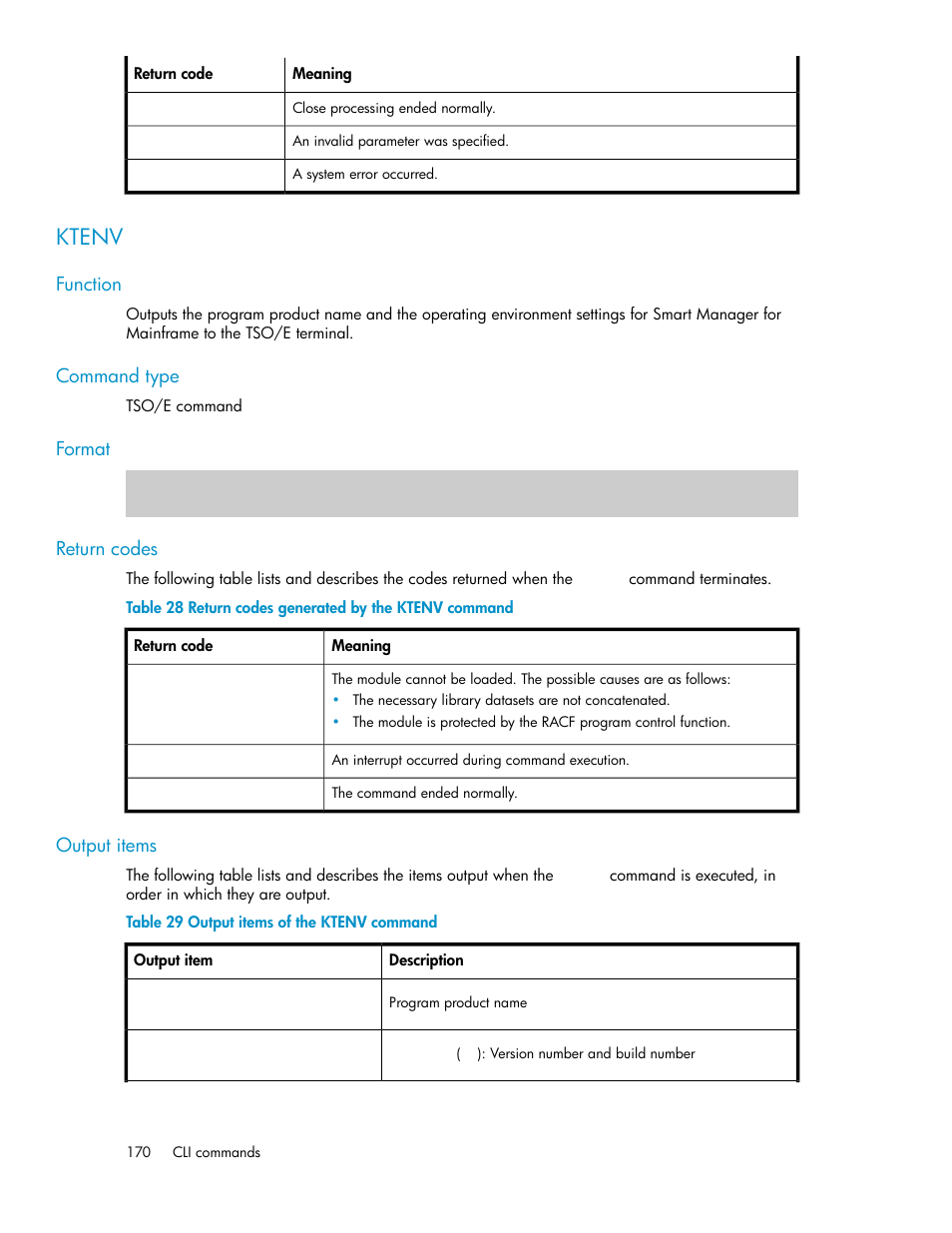 Ktenv, Return codes generated by the ktenv command, Output items of the ktenv command | HP XP Command View Advanced Edition Software User Manual | Page 170 / 310