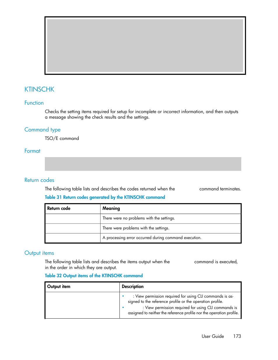 Ktinschk, Return codes generated by the ktinschk command, Output items of the ktinschk command | HP XP Command View Advanced Edition Software User Manual | Page 173 / 310