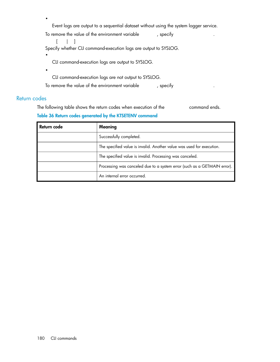 Return codes generated by the ktsetenv command | HP XP Command View Advanced Edition Software User Manual | Page 180 / 310