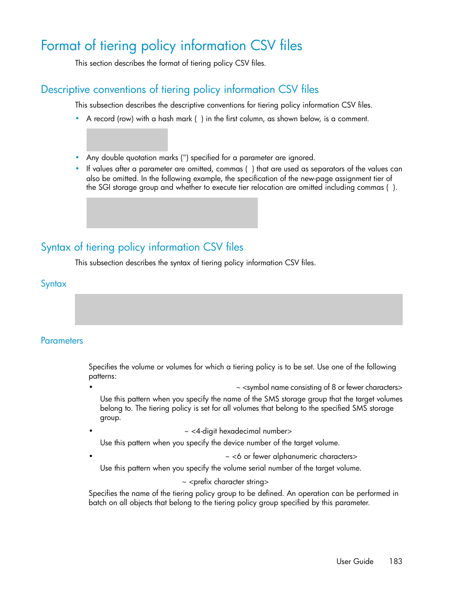 Format of tiering policy information csv files, Syntax of tiering policy information csv files, 183 syntax of tiering policy information csv files | HP XP Command View Advanced Edition Software User Manual | Page 183 / 310