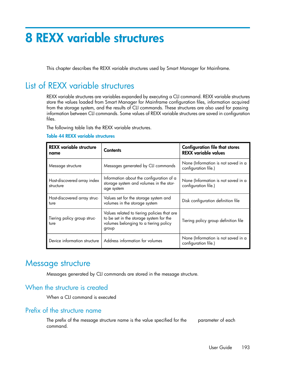 8 rexx variable structures, List of rexx variable structures, Message structure | 193 message structure, Rexx variable structures, When the structure is created, Prefix of the structure name | HP XP Command View Advanced Edition Software User Manual | Page 193 / 310