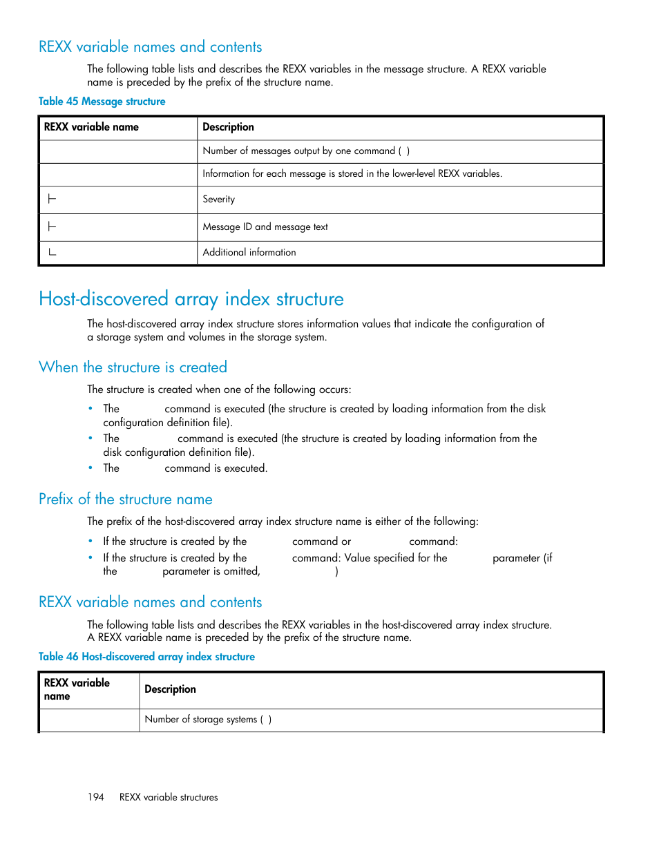 Host-discovered array index structure, Message structure, Rexx variable names and contents | When the structure is created, Prefix of the structure name | HP XP Command View Advanced Edition Software User Manual | Page 194 / 310