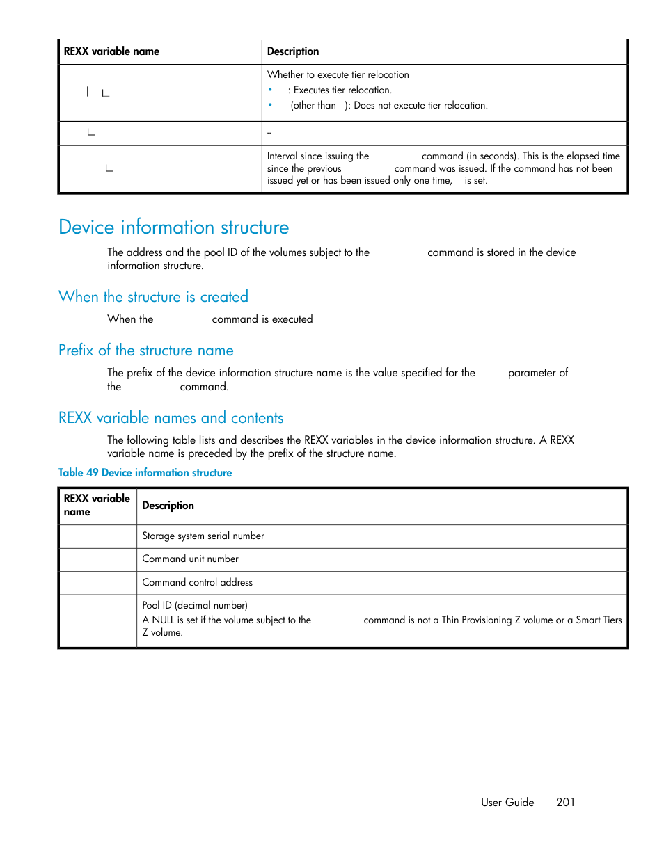 Device information structure, When the structure is created, Prefix of the structure name | Rexx variable names and contents | HP XP Command View Advanced Edition Software User Manual | Page 201 / 310