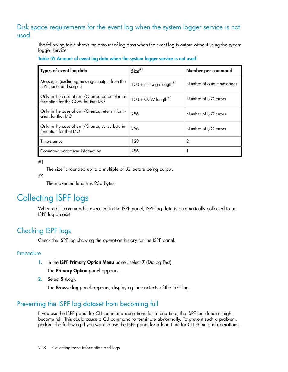 Collecting ispf logs, Checking ispf logs, Preventing the ispf log dataset from becoming full | HP XP Command View Advanced Edition Software User Manual | Page 218 / 310