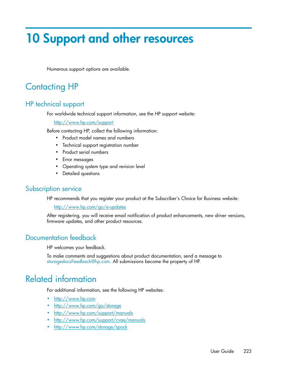 10 support and other resources, Contacting hp, Hp technical support | Subscription service, Documentation feedback, Related information, 223 subscription service, 223 documentation feedback | HP XP Command View Advanced Edition Software User Manual | Page 223 / 310