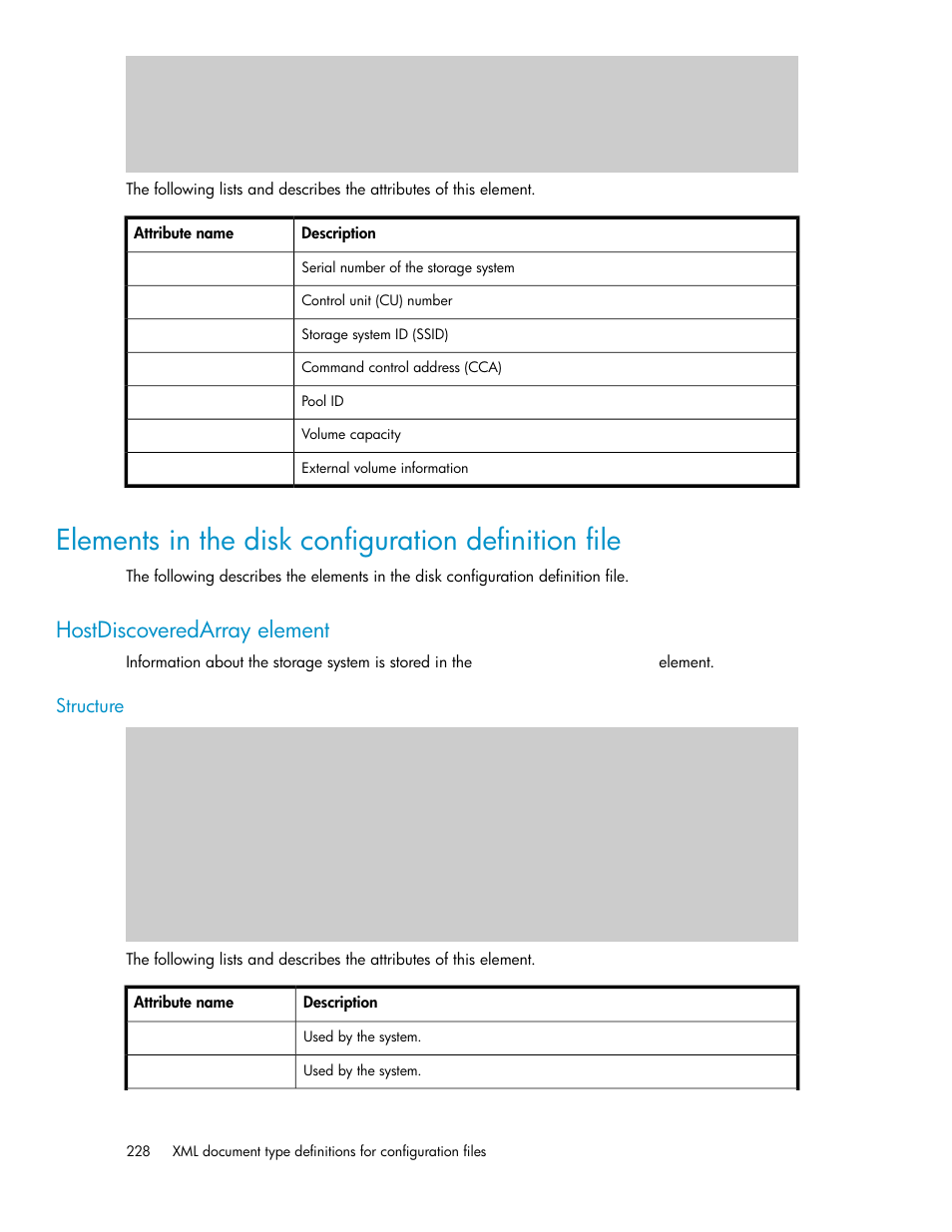 Elements in the disk configuration definition file, Hostdiscoveredarray element | HP XP Command View Advanced Edition Software User Manual | Page 228 / 310