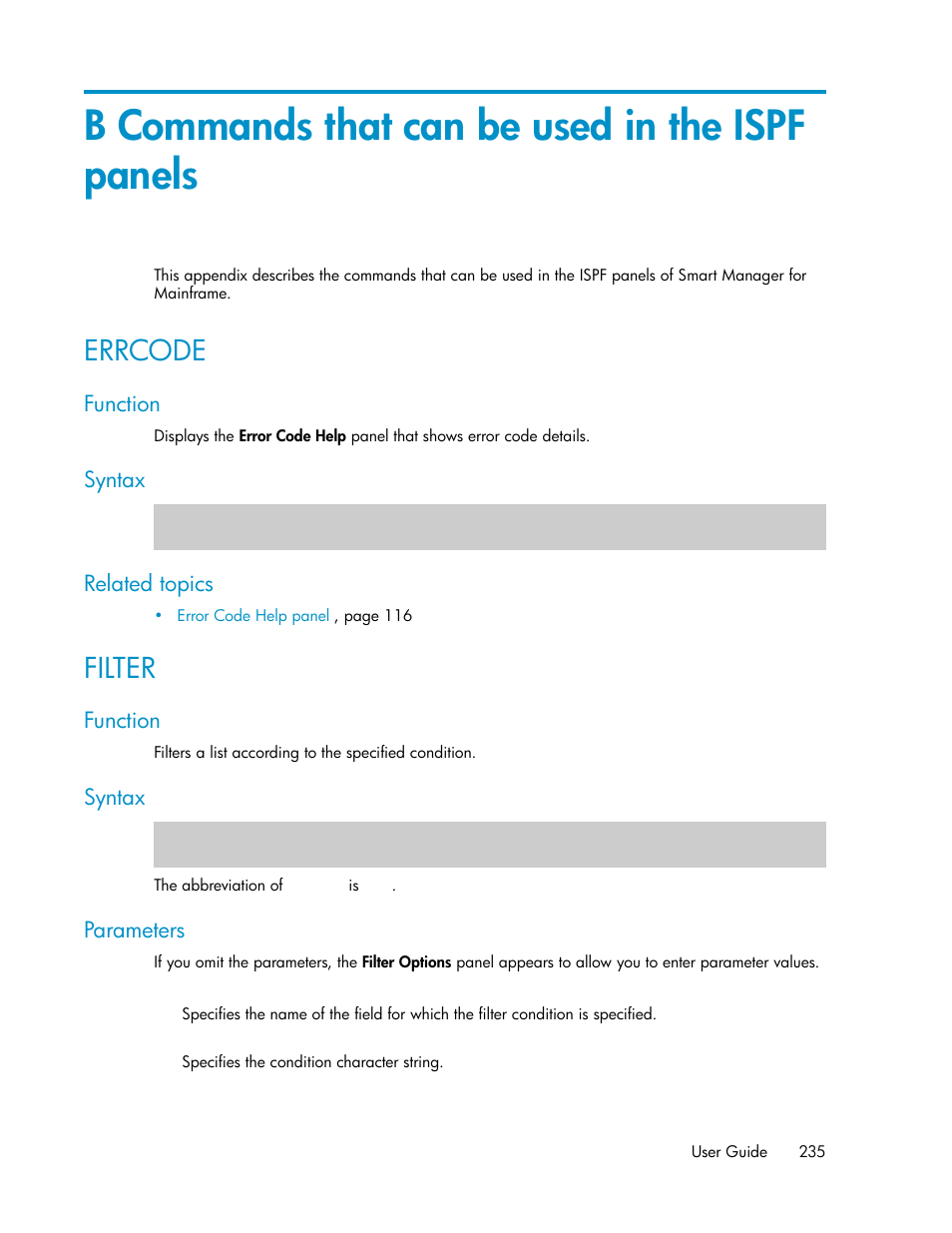 B commands that can be used in the ispf panels, Errcode, Filter | 235 filter | HP XP Command View Advanced Edition Software User Manual | Page 235 / 310