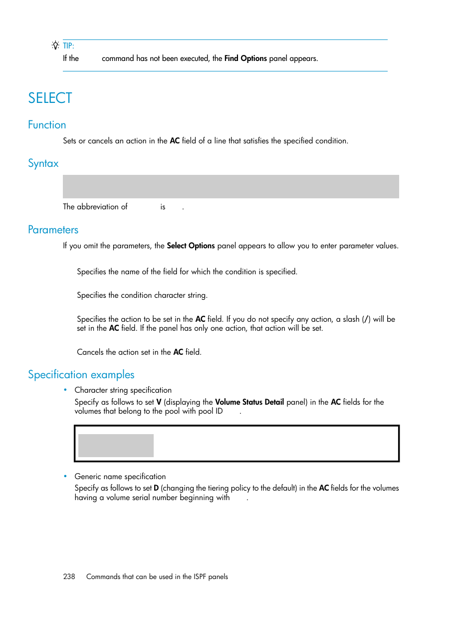 Select, Function, Syntax | Parameters, Specification examples | HP XP Command View Advanced Edition Software User Manual | Page 238 / 310