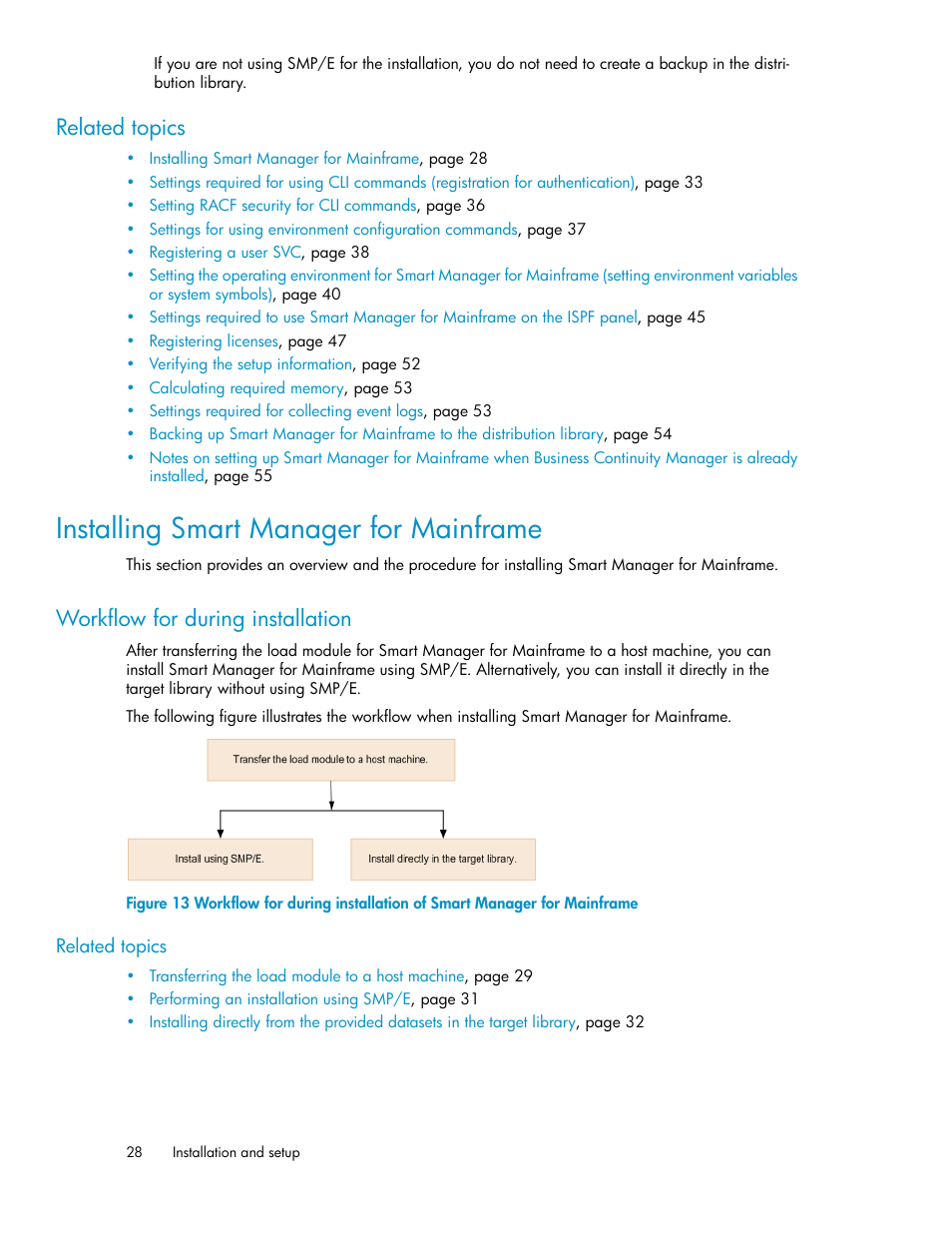 Installing smart manager for mainframe, Workflow for during installation, Related topics | HP XP Command View Advanced Edition Software User Manual | Page 28 / 310