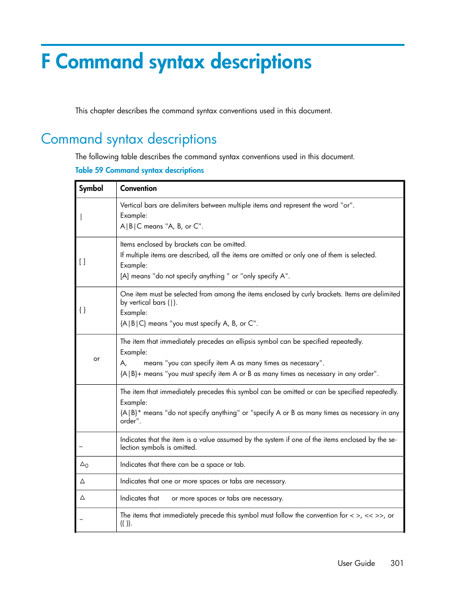 F command syntax descriptions, Command syntax descriptions | HP XP Command View Advanced Edition Software User Manual | Page 301 / 310