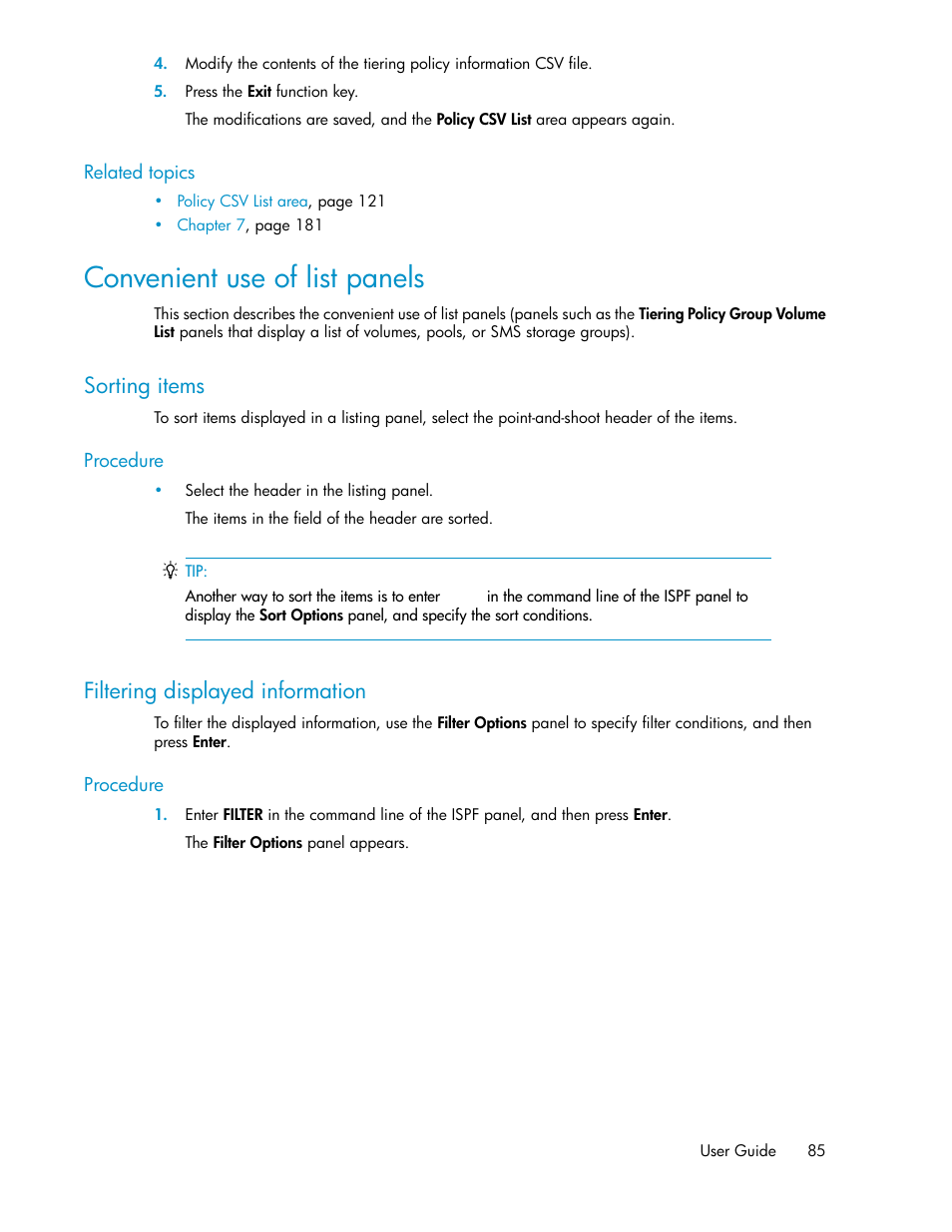 Convenient use of list panels, Sorting items, Filtering displayed information | 85 filtering displayed information | HP XP Command View Advanced Edition Software User Manual | Page 85 / 310