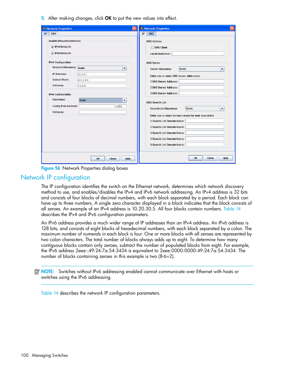 Figure 56 network properties dialog boxes, Network ip configuration, 56 network properties dialog boxes | Figure 56 | HP H-series Enterprise Fabric Management Suite Software User Manual | Page 100 / 160