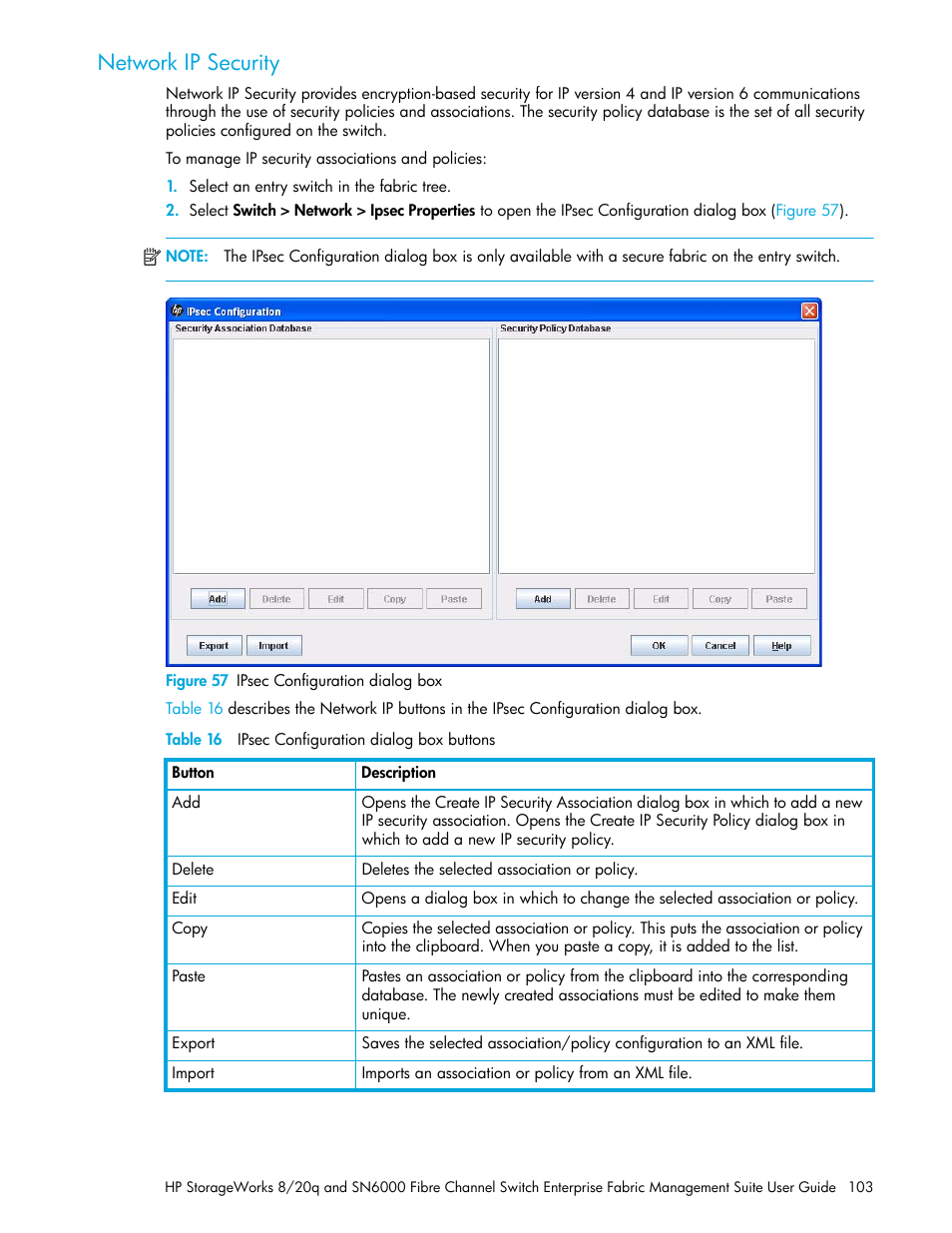 Network ip security, Figure 57 ipsec configuration dialog box, Table 16 ipsec configuration dialog box buttons | 57 ipsec configuration dialog box, 16 ipsec configuration dialog box buttons | HP H-series Enterprise Fabric Management Suite Software User Manual | Page 103 / 160