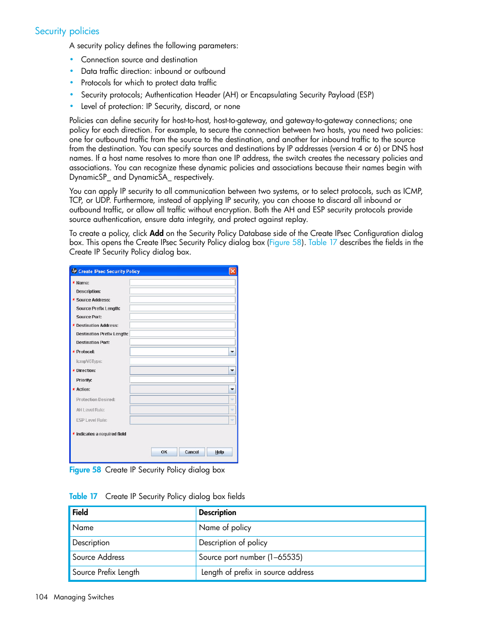 Security policies, Figure 58 create ip security policy dialog box, 58 create ip security policy dialog box | 17 create ip security policy dialog box fields | HP H-series Enterprise Fabric Management Suite Software User Manual | Page 104 / 160