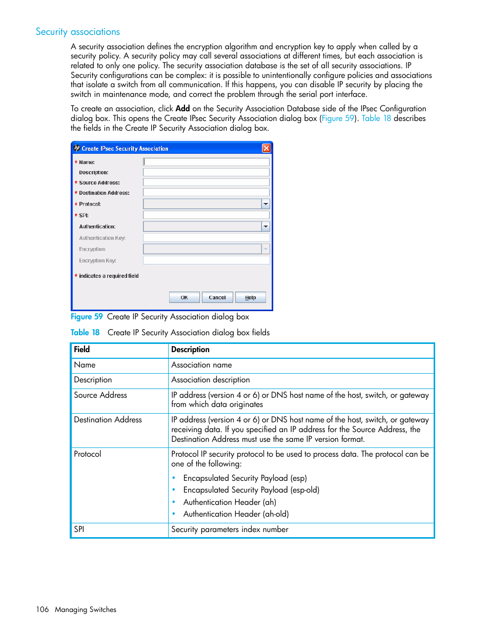 Security associations, 59 create ip security association dialog box | HP H-series Enterprise Fabric Management Suite Software User Manual | Page 106 / 160
