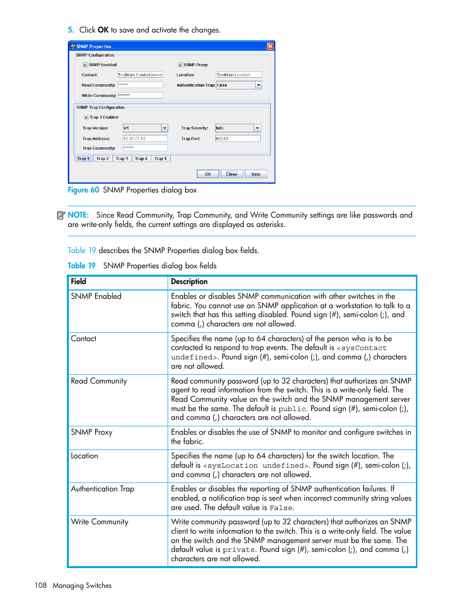Figure 60 snmp properties dialog box, Table 19 snmp properties dialog box fields, 60 snmp properties dialog box | 19 snmp properties dialog box fields, Figure 60, Table 19 | HP H-series Enterprise Fabric Management Suite Software User Manual | Page 108 / 160