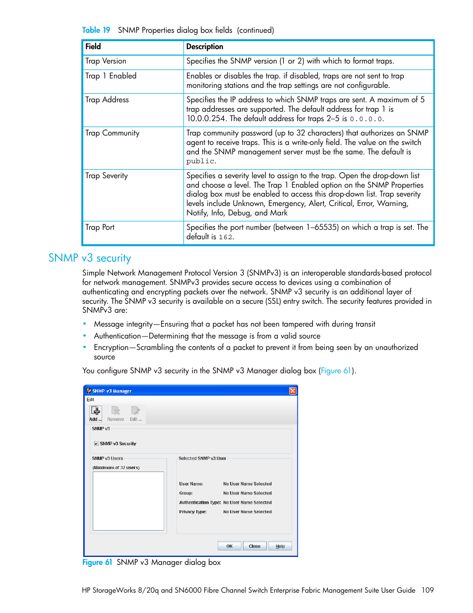 Snmp v3 security, Figure 61 snmp v3 manager dialog box, 61 snmp v3 manager dialog box | HP H-series Enterprise Fabric Management Suite Software User Manual | Page 109 / 160